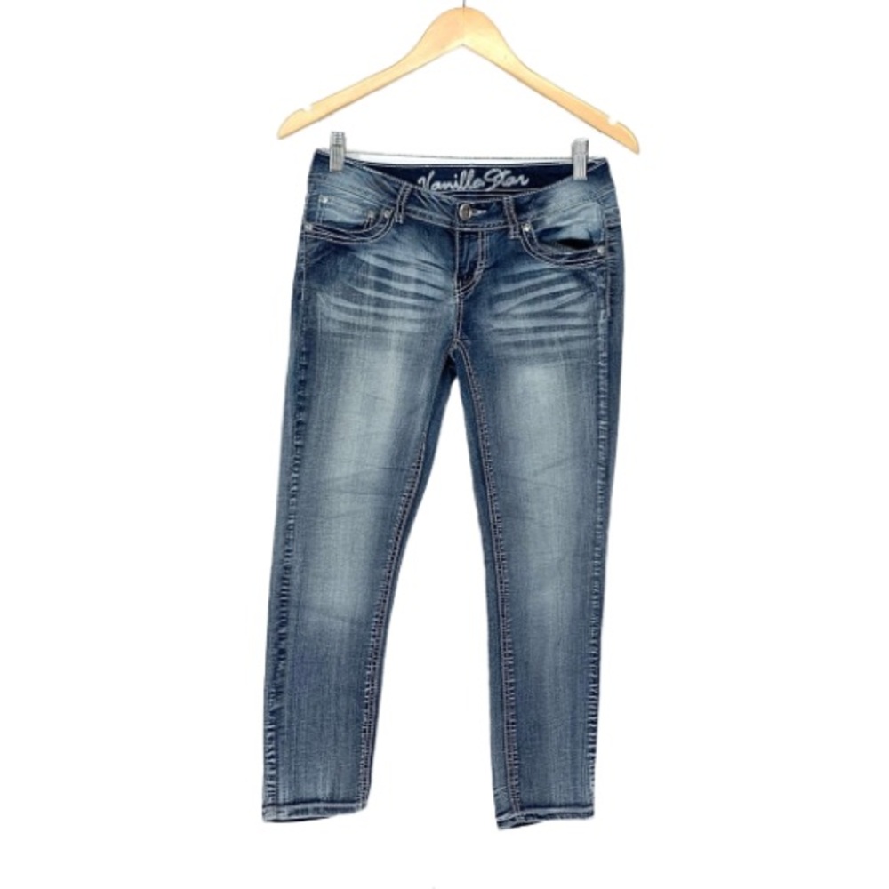 Vanilla Star Y2K Low Rise Contrast Stitch Cropped Blue Capri Jeans W/ Whiskering